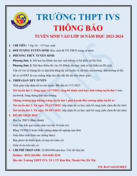 THÔNG BÁO TUYỂN SINH VÀO LỚP 10 TRƯỜNG THPT IVS NĂM HỌC 2023-2024