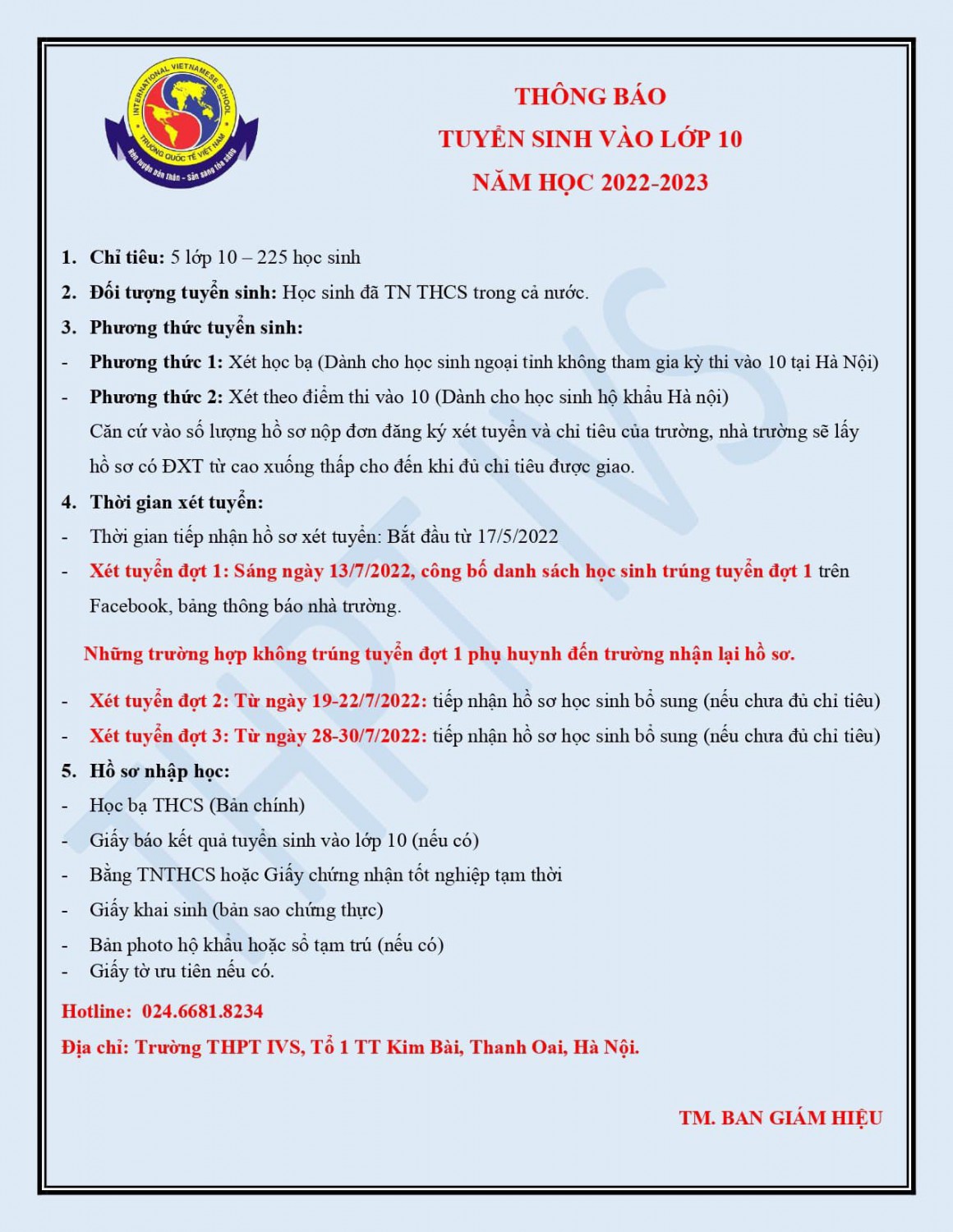 THÔNG BÁO TUYỂN SINH VÀO LỚP 10 TRƯỜNG THPT IVS NĂM HỌC 2022-2023